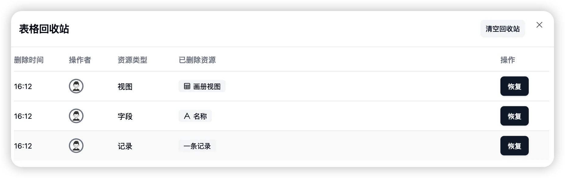 表格回收站功能截图 2