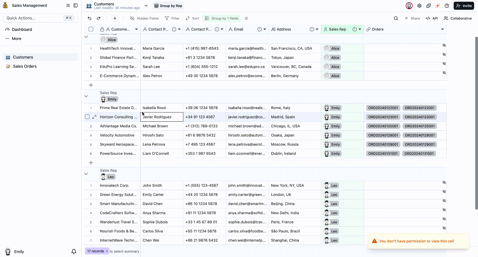 The Sales Rep's view with added viewer permissions