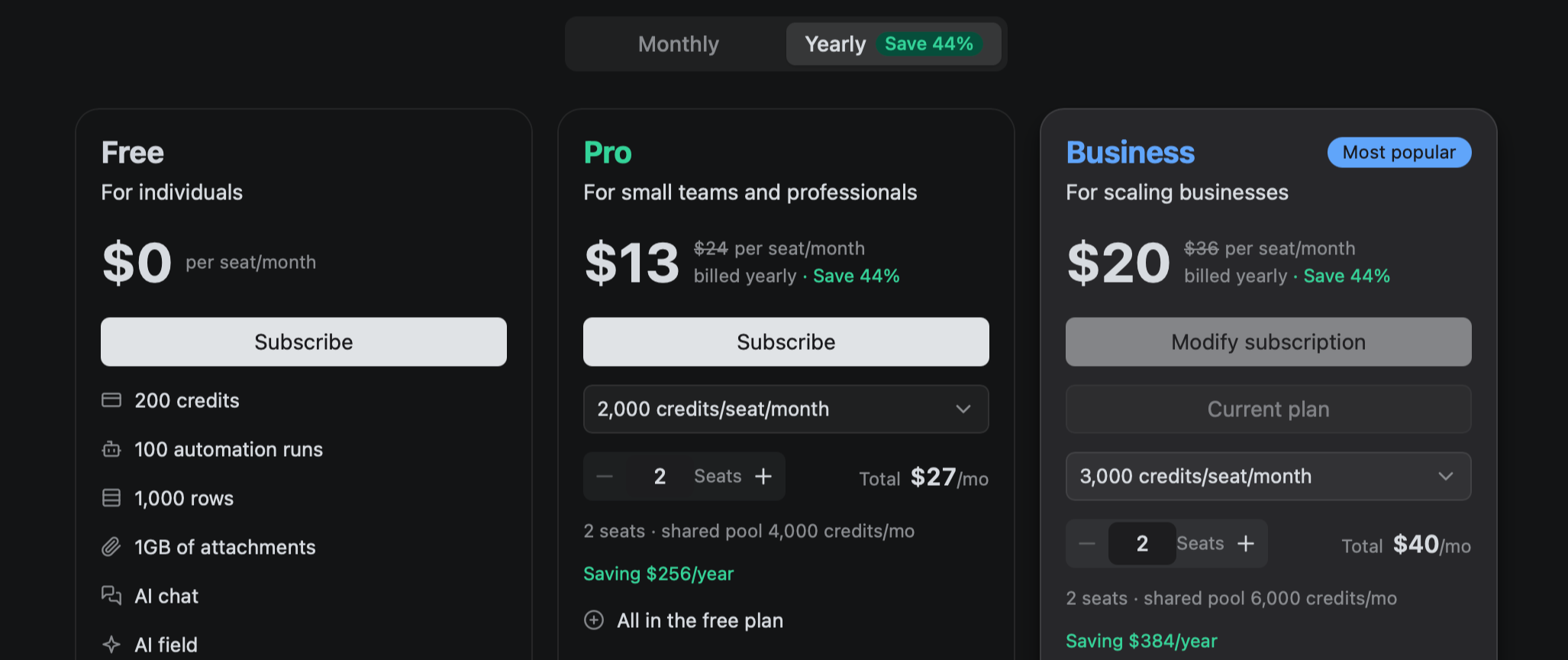 Prezzi annuali di Teable Cloud con le allocazioni di Crediti dei piani Pro e Business