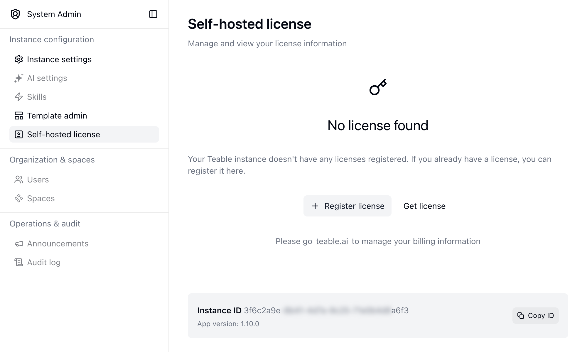 Copiar el ID de la instancia desde la página Licencia autoalojada