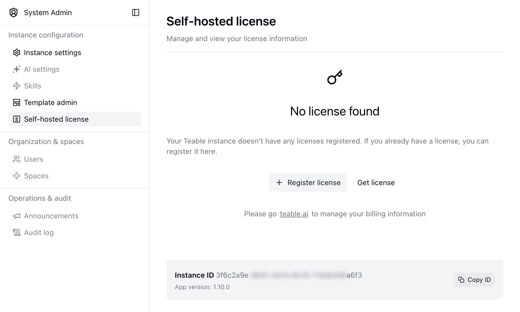 Copiar el ID de la instancia desde la página Licencia autoalojada