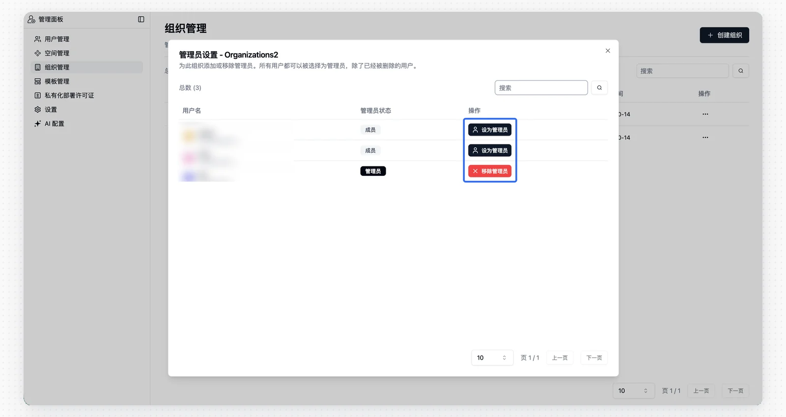 管理面板中的组织列表