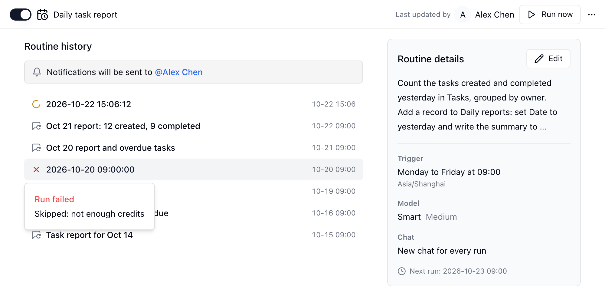 Seite einer Routine: links der Routine-Verlauf mit der Unterhaltung jedes Laufs, rechts die Routine-Details mit Ziel, Auslöser, nächster Ausführung, Modell und Chat-Modus