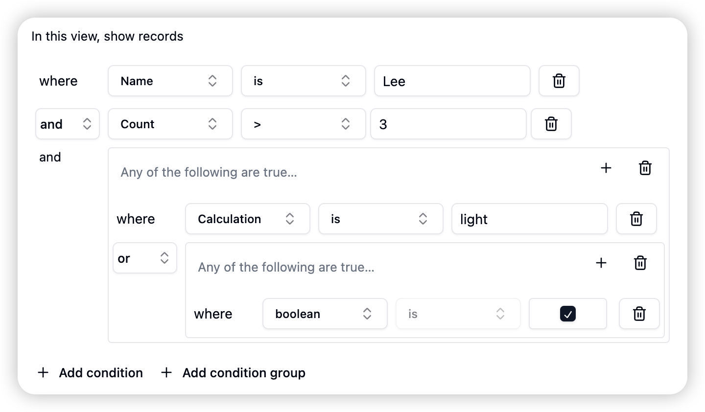 Condition group combinations, AND/OR combinations