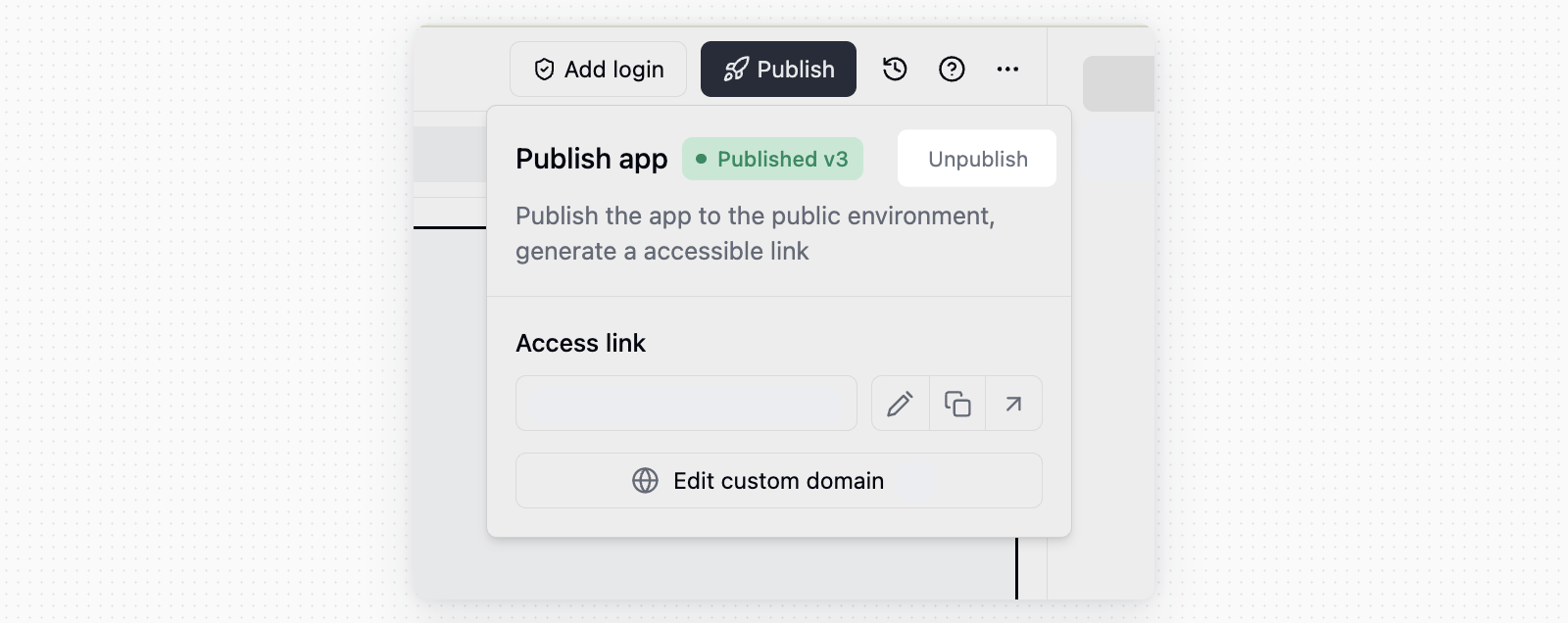 Unpublish app button in the publish menu