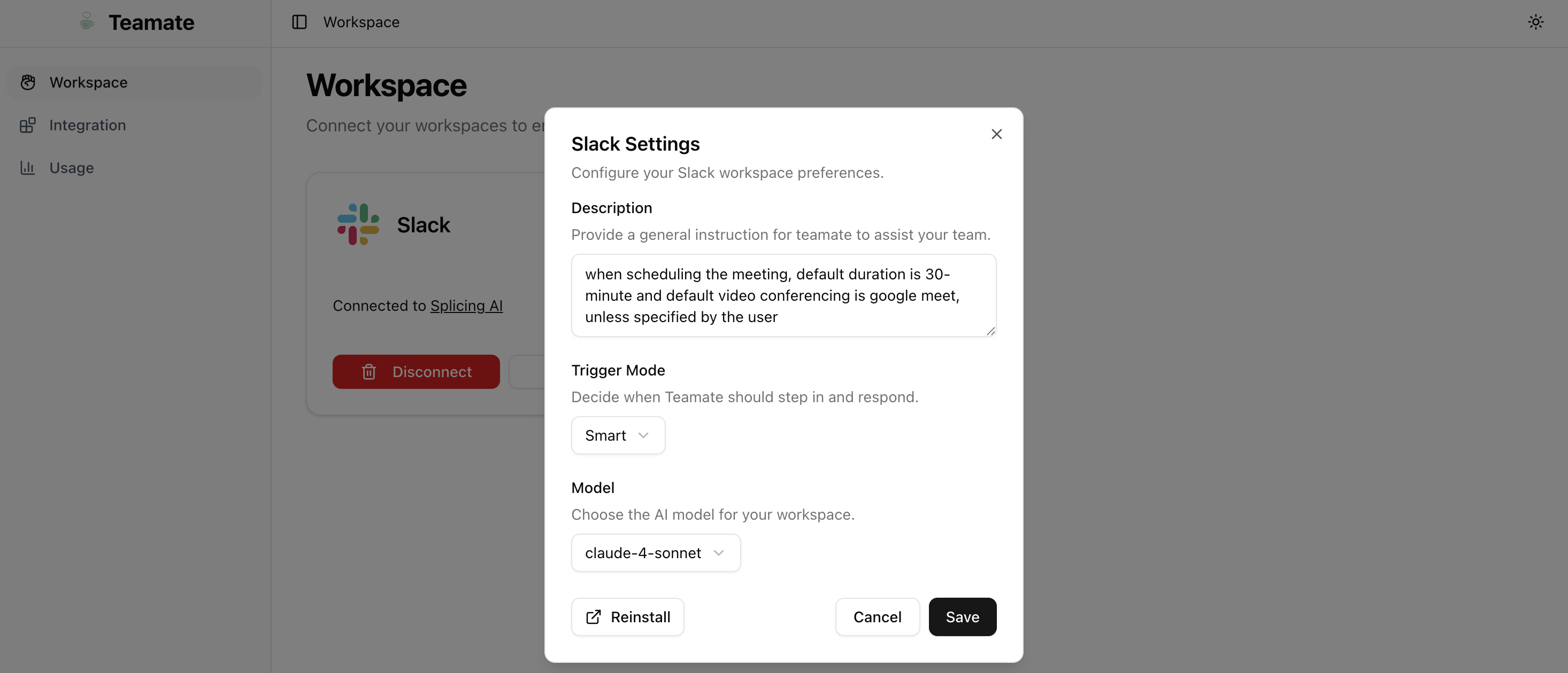 Slack settings configuration