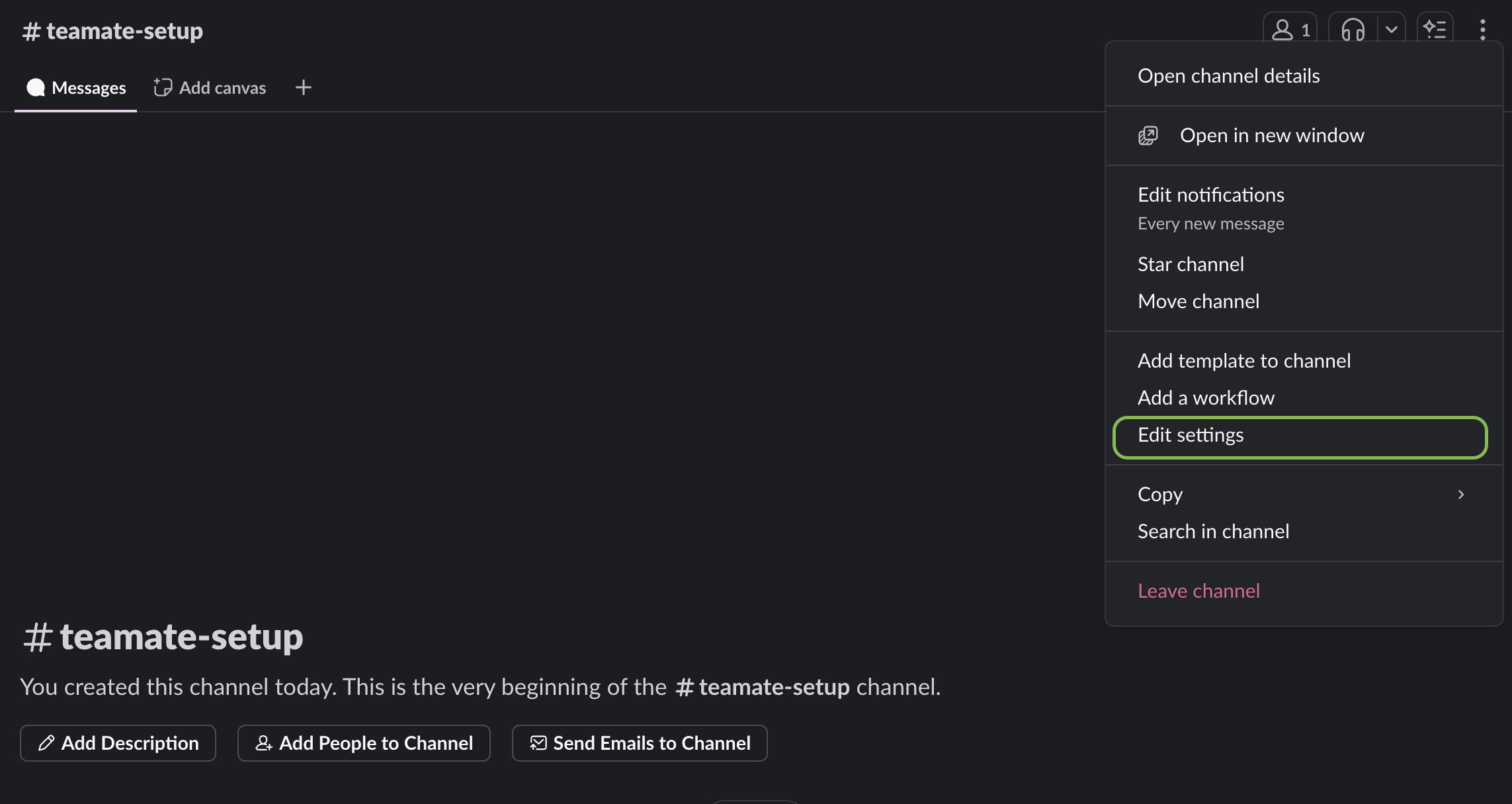 Slack channel edit settings