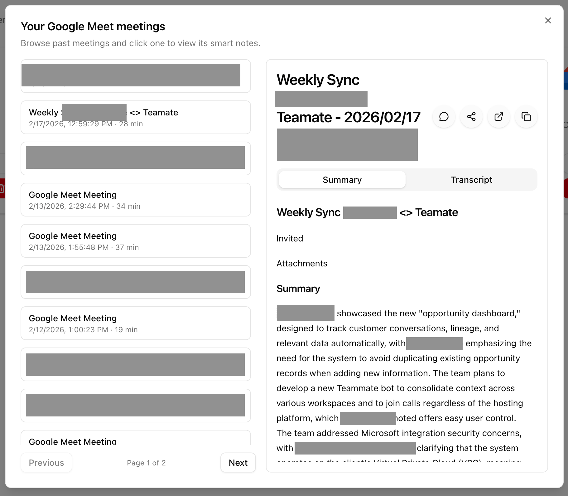 Meeting summaries and transcripts