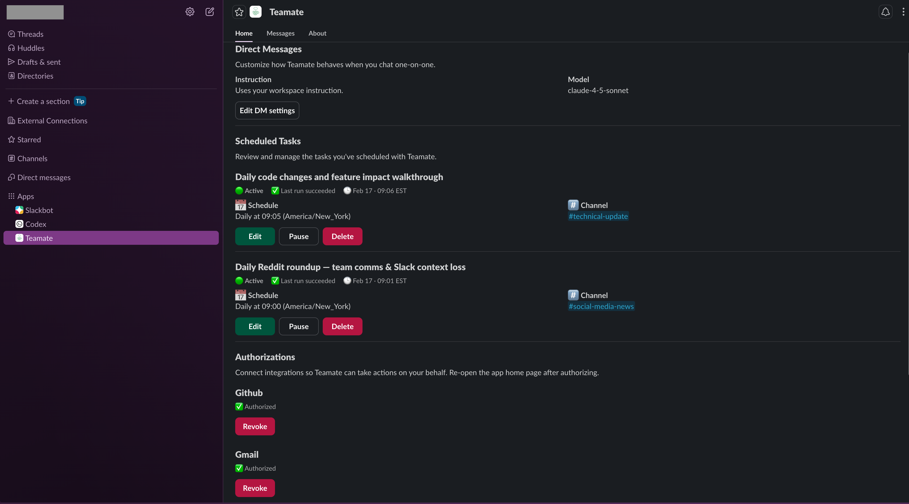 Teamate App Home — scheduled tasks and authorizations