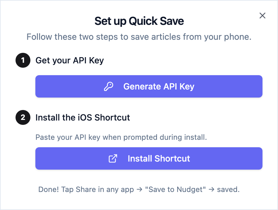 Quick Save setup modal