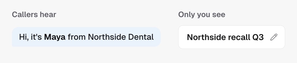 Callers hear the name in the script: Hi, it's Maya from Northside Dental. Only you see the label at the top of the builder: Northside recall Q3.