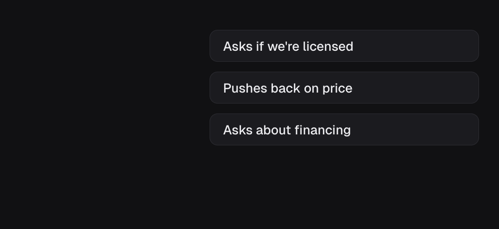 An agent has three skills, each showing only its trigger. The lead says that's too expensive, and only the skill for pushing back on price opens to show its playbook.