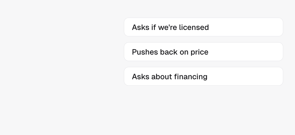An agent has three skills, each showing only its trigger. The lead says that's too expensive, and only the skill for pushing back on price opens to show its playbook.