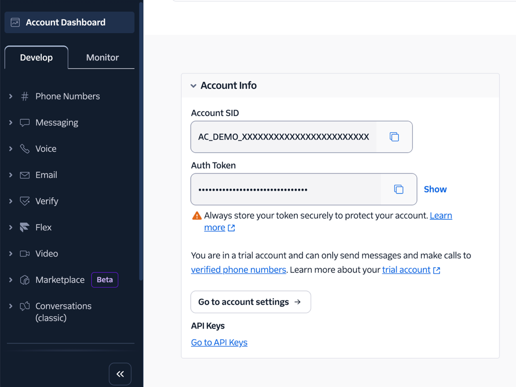 The Account Info panel on the Twilio Console home page, reached from Account Dashboard in the sidebar. Account SID is the first field, with a copy button beside it, holding a value that starts with AC.