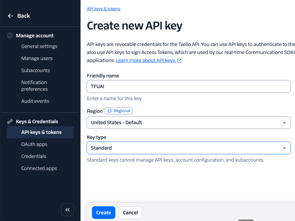 The Create new API key form in the Twilio Console. Friendly name is filled in, Region is left at its default, and Key type is set to Standard.