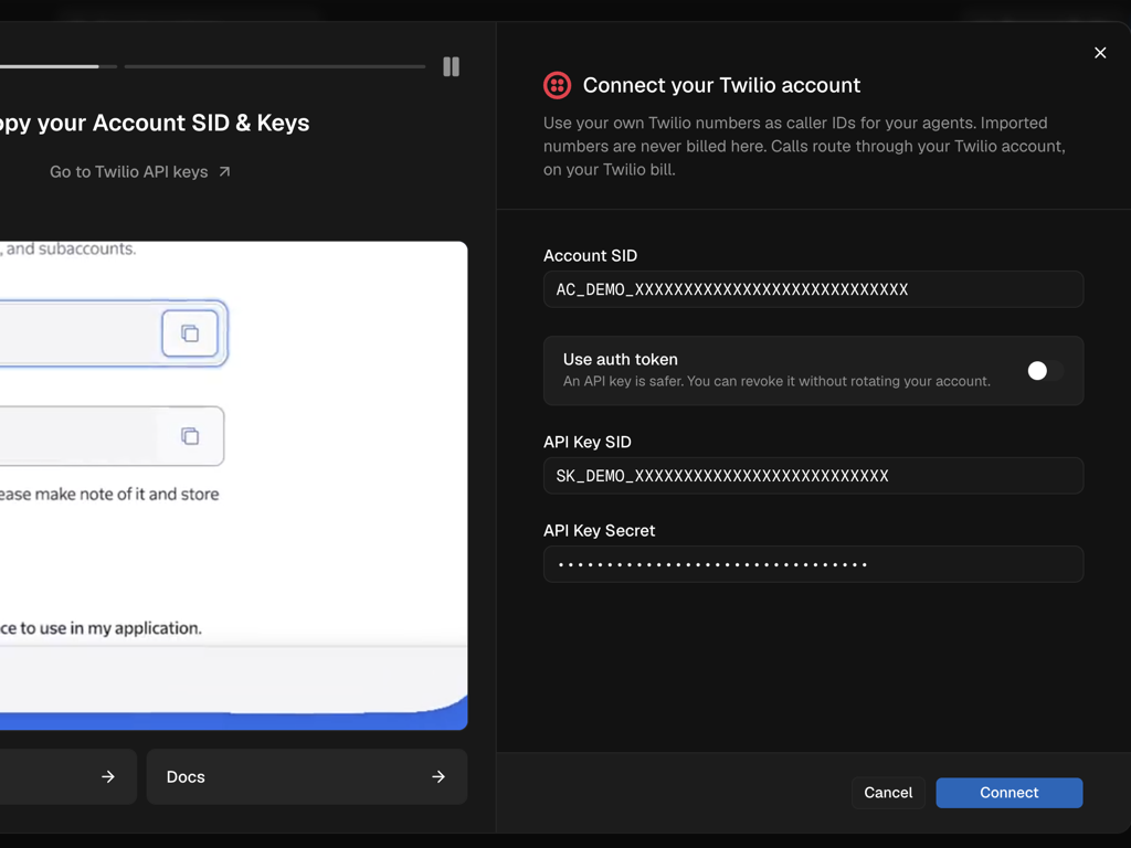 The Connect your Twilio account dialog, with fields for Account SID, API Key SID and API Key Secret, a Use auth token toggle, and a Connect button.