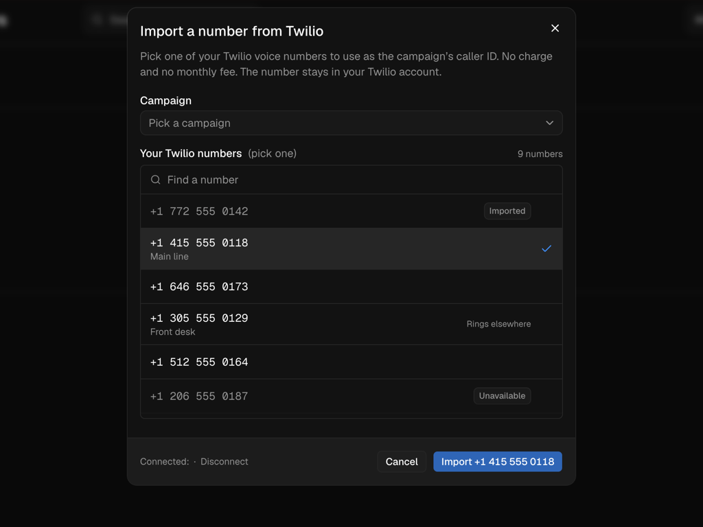 The Import a number from Twilio dialog, with a Campaign picker above a searchable list of your Twilio numbers. Each row shows the number, and some rows carry a note such as Imported, Unavailable or Rings elsewhere.
