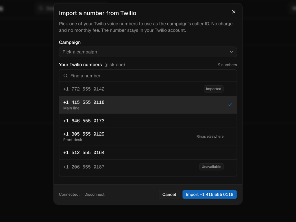 The Import a number from Twilio dialog, with a Campaign picker above a searchable list of your Twilio numbers. Each row shows the number, and some rows carry a note such as Imported, Unavailable or Rings elsewhere.