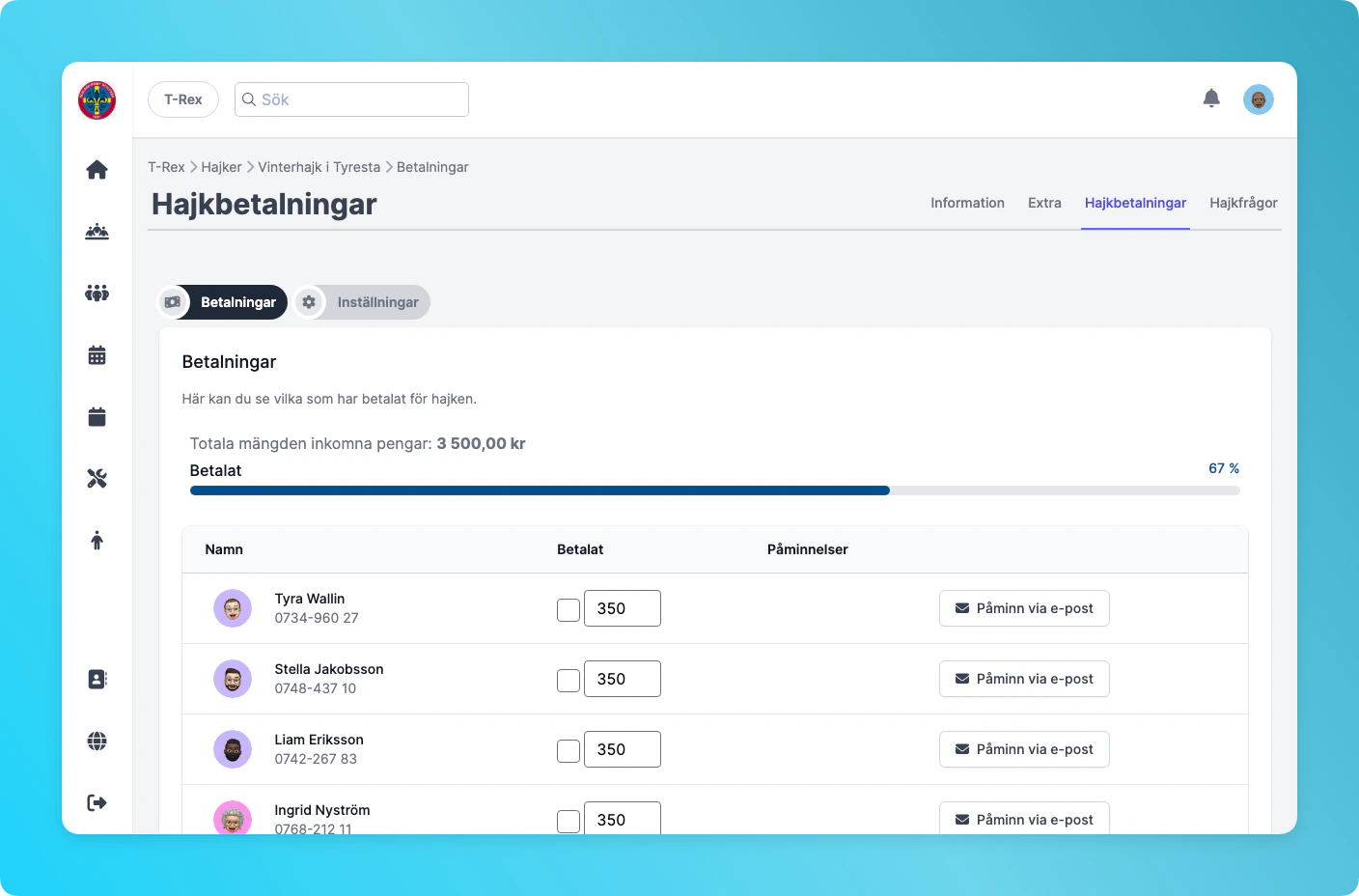 Betalningsöversikt med totala inkomna pengar