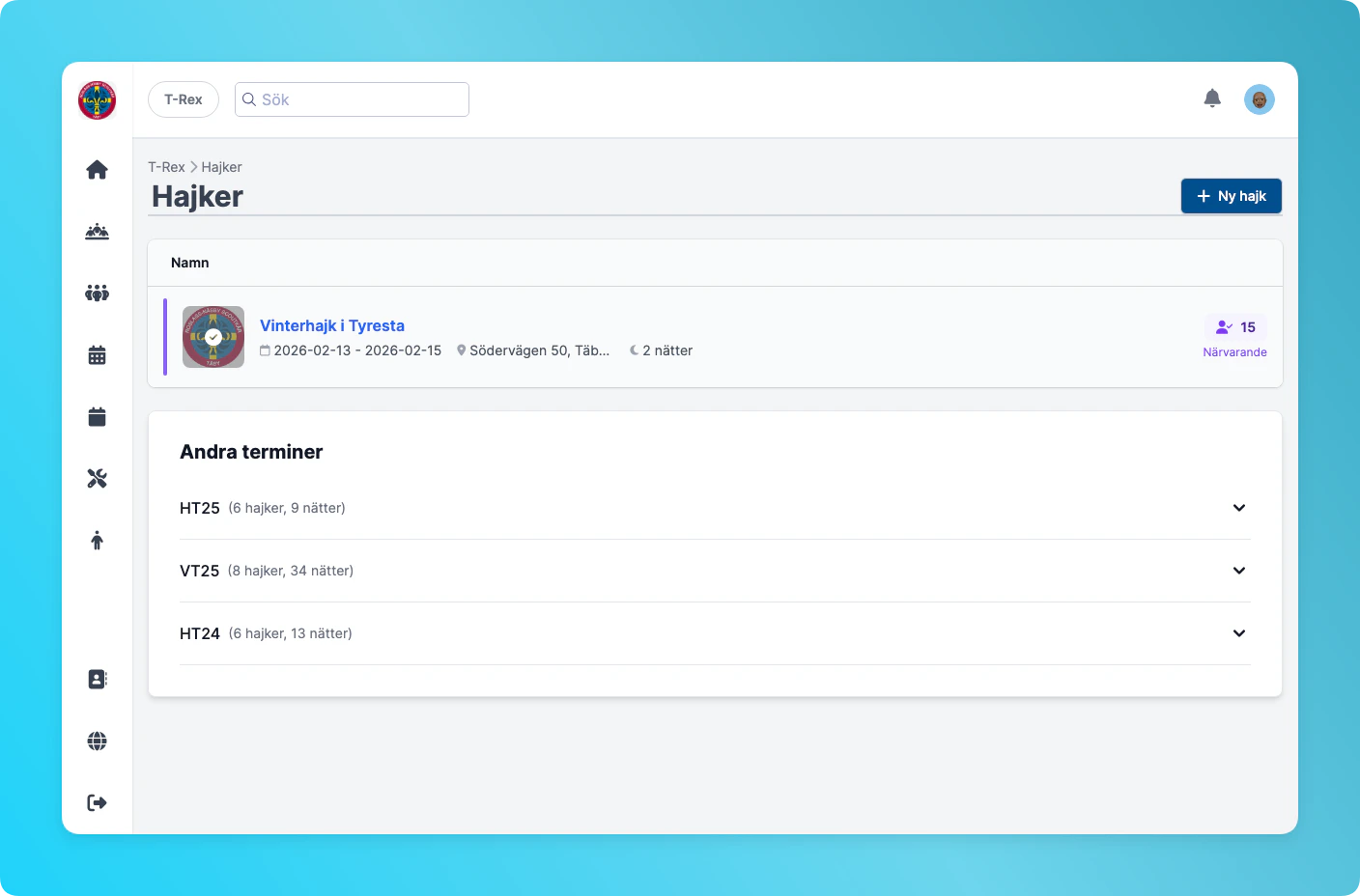 Hajklistan med befintliga hajker och knappen Ny hajk