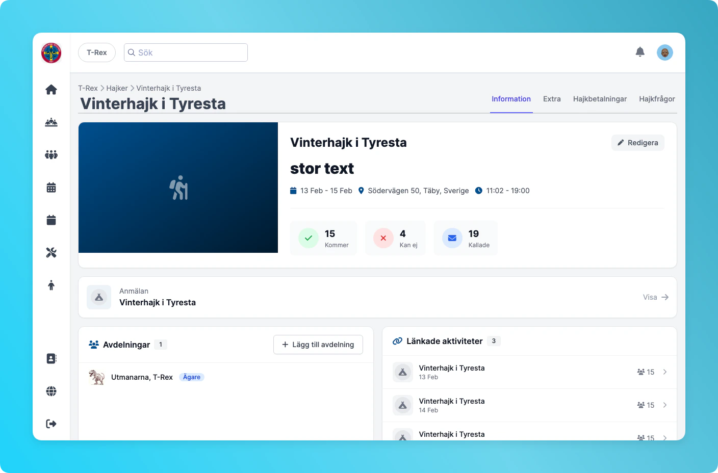 Hajkens översiktssida med information, anmälan och länkade aktiviteter