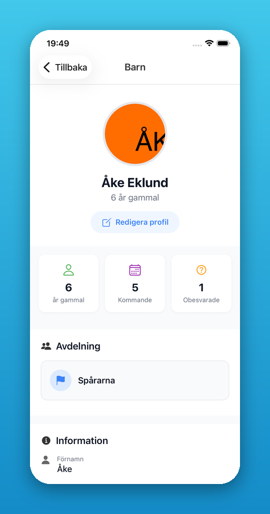 Ett barns profilsida med avdelning och information
