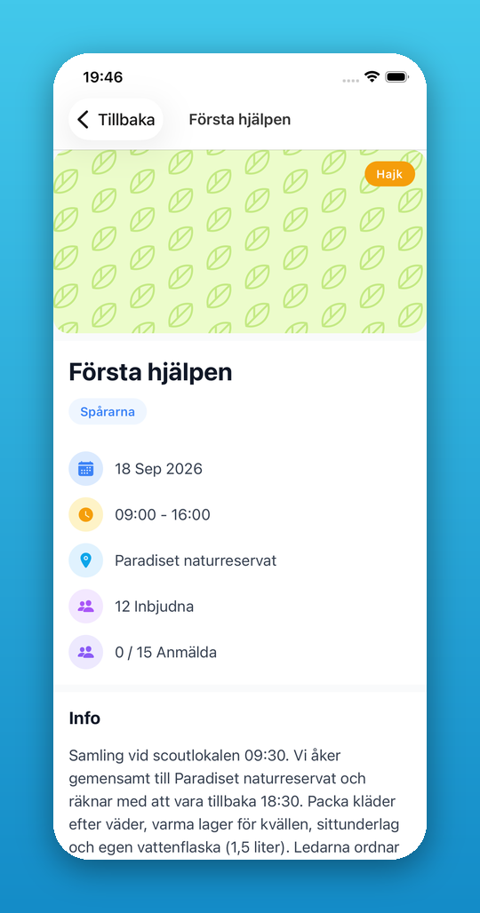 Aktivitetssida för en hajk med datum, tid och plats