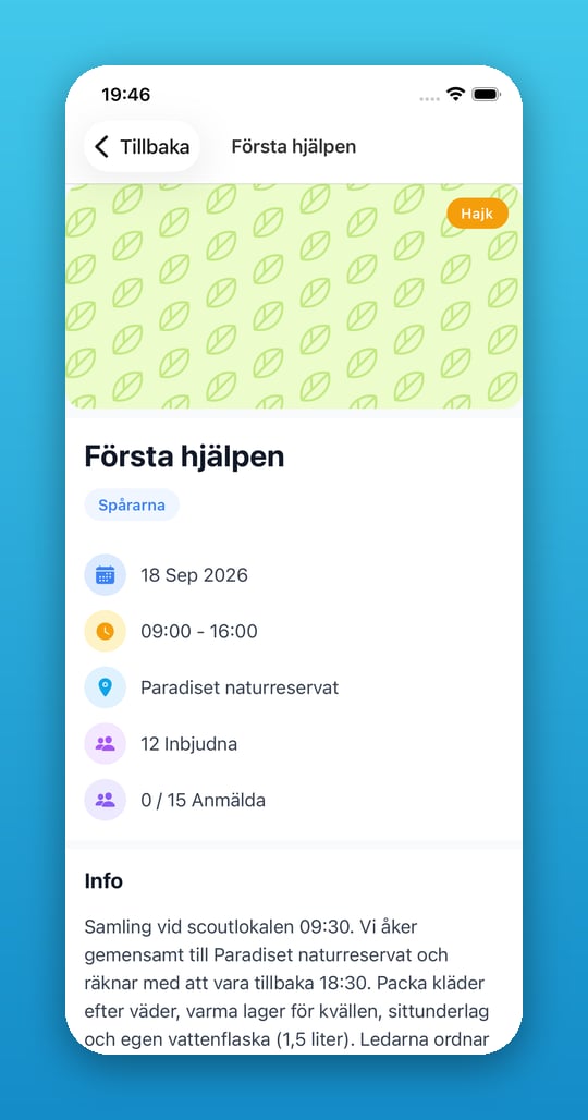 Aktivitetssida för en hajk med datum, tid och plats