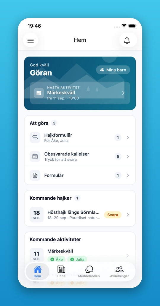 Hemskärmen med hälsning, nästa aktivitet och att göra-listan