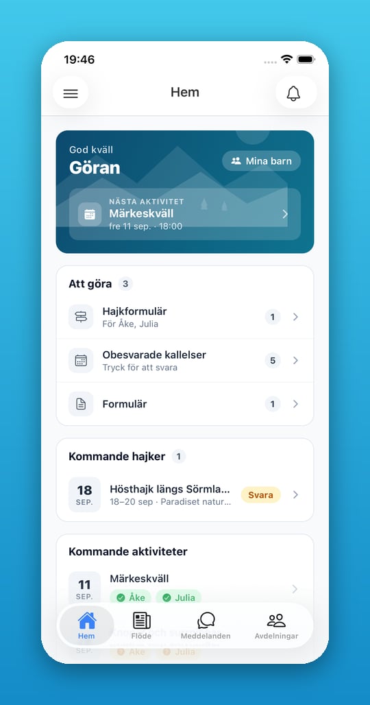 Hemskärmen med hälsning, nästa aktivitet och att göra-listan