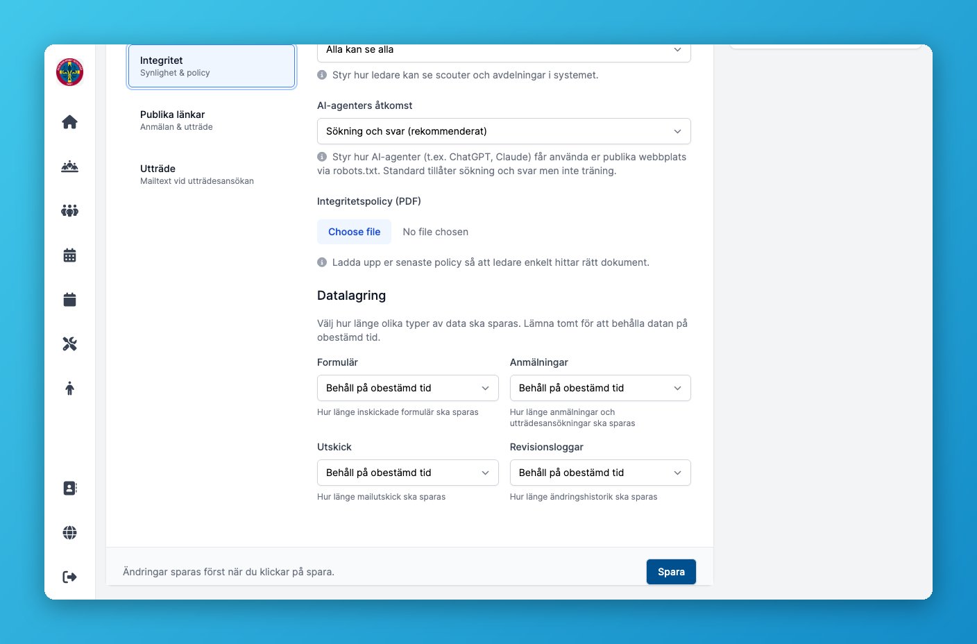 Fliken Integritet med AI-agenters åtkomst och datalagring