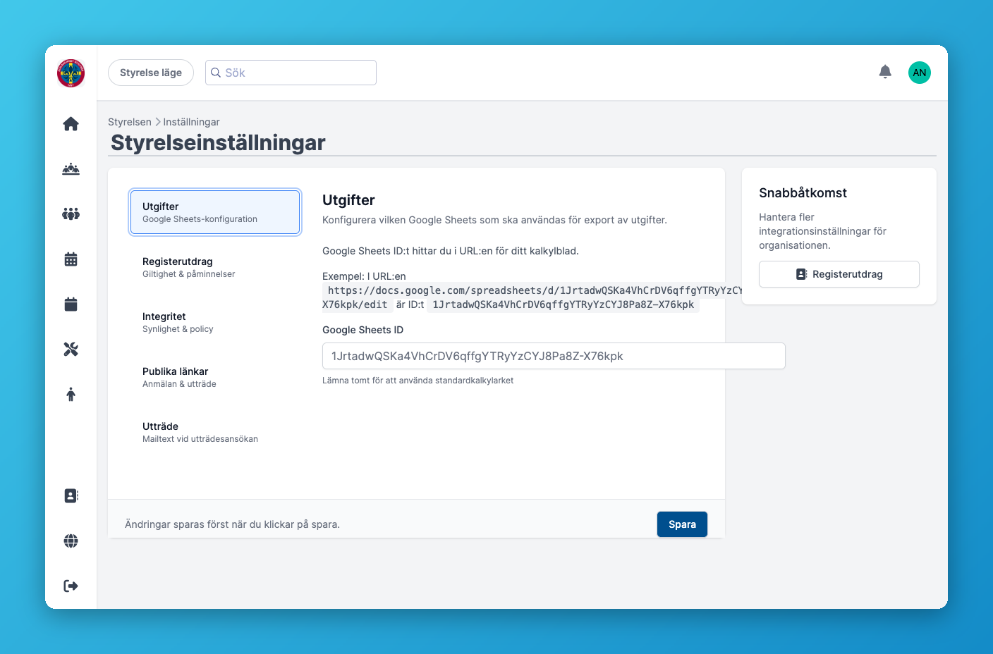 Fliken Utgifter med fält för Google Sheets ID
