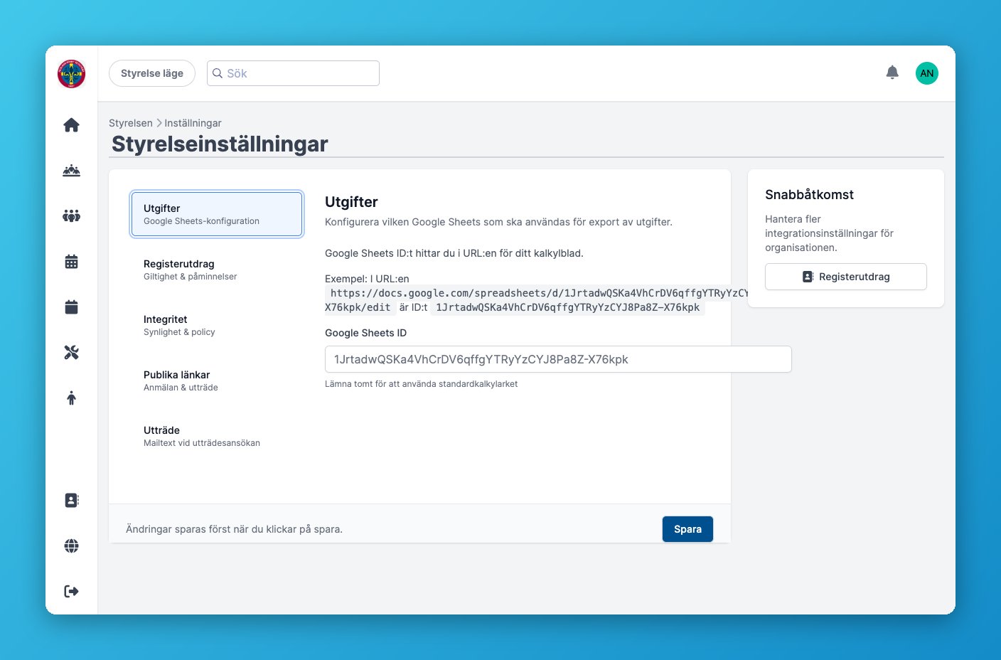 Fliken Utgifter med fält för Google Sheets ID