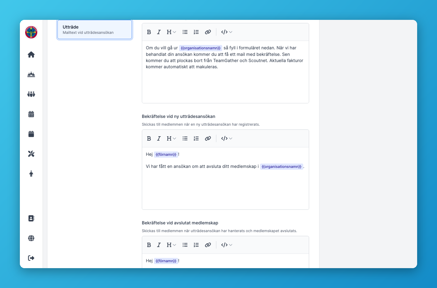 Fliken Utträde med mailtexter och platshållare