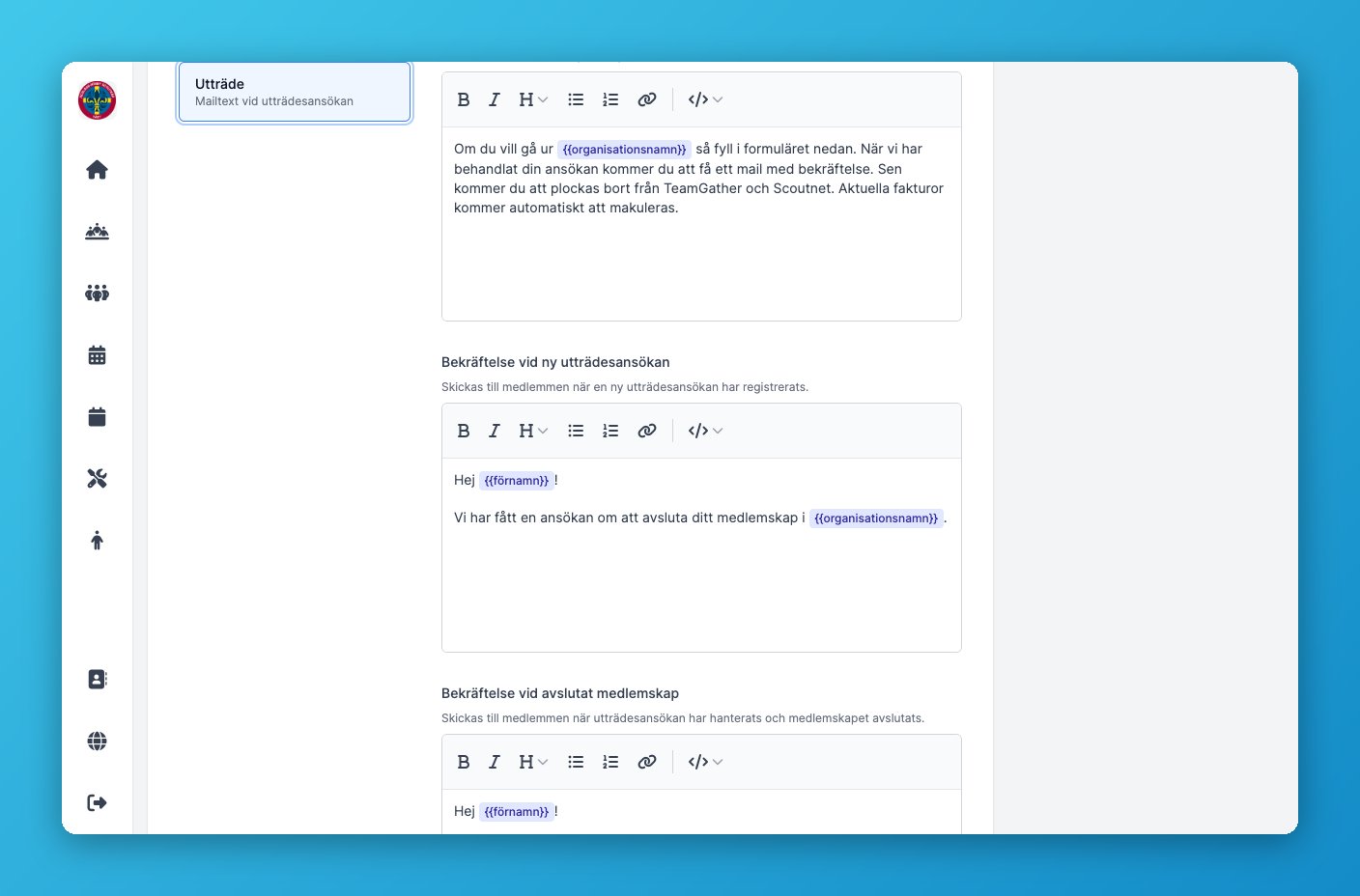 Fliken Utträde med mailtexter och platshållare