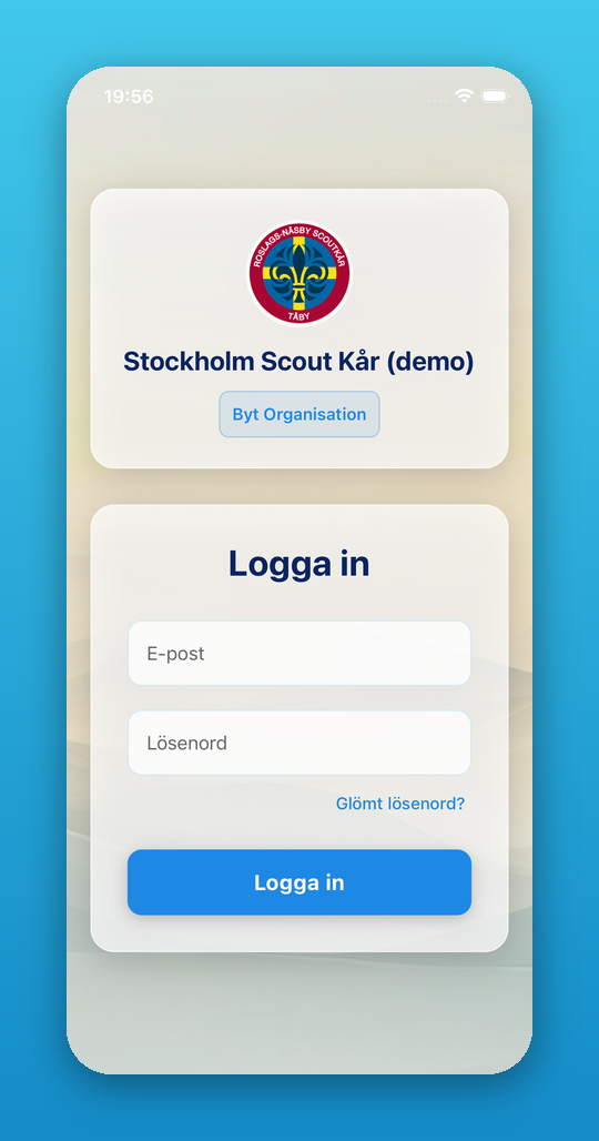 Inloggningsskärmen med vald organisation och fält för e-post och lösenord