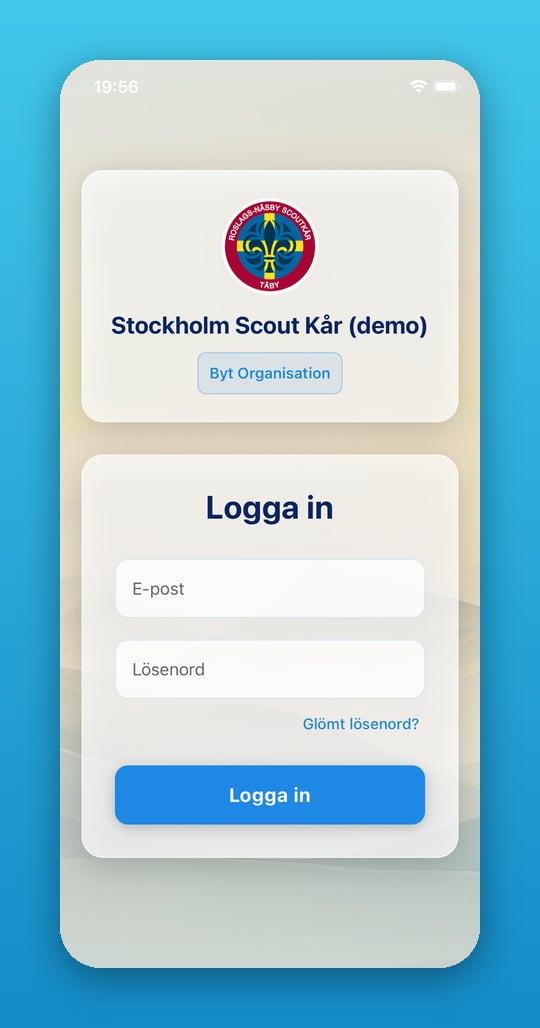 Inloggningsskärmen med vald organisation och fält för e-post och lösenord