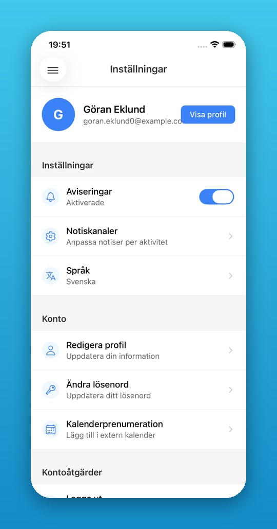 Inställningar med profilkort, aviseringar och kontosektion