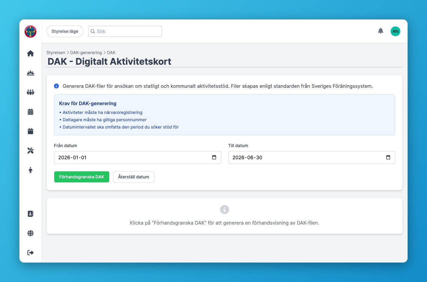 DAK-generering med krav och datumintervall