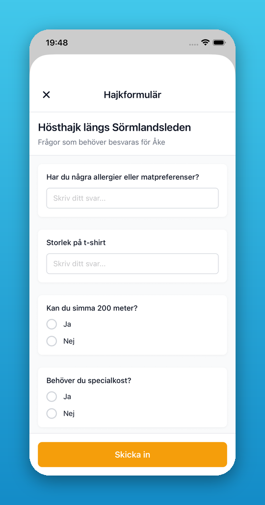 Hajkformulär med frågor om allergier och specialkost