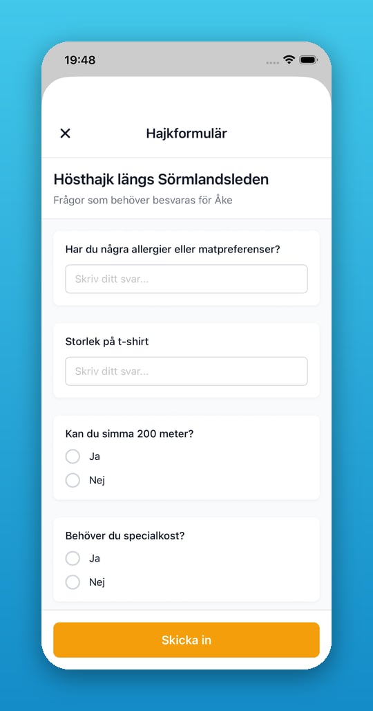 Hajkformulär med frågor om allergier och specialkost