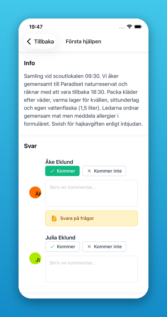 Svarsknappar för ett barn med Kommer ifyllt