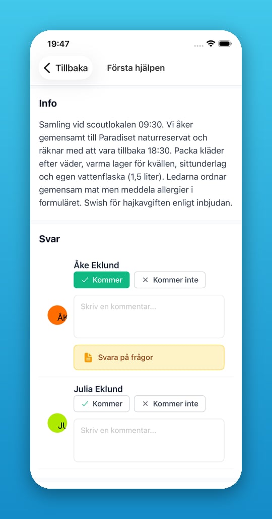 Svarsknappar för ett barn med Kommer ifyllt