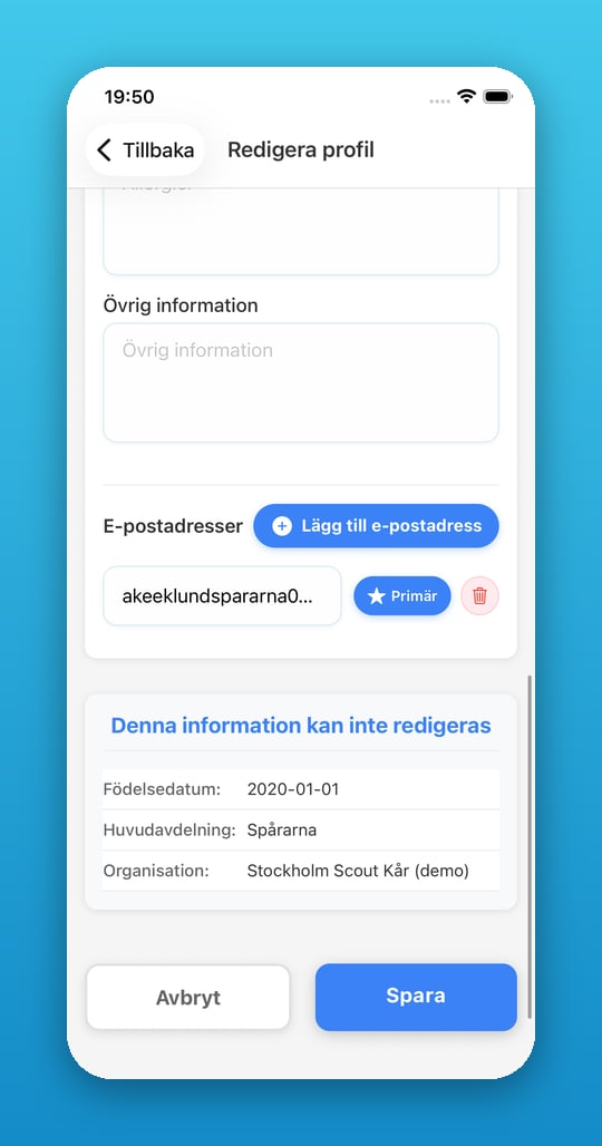 Sektionen för e-postadresser och information som inte kan redigeras