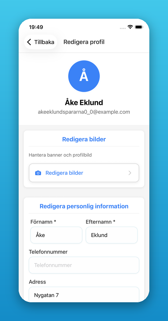 Redigera profil med fält för namn, e-post, telefon och adress