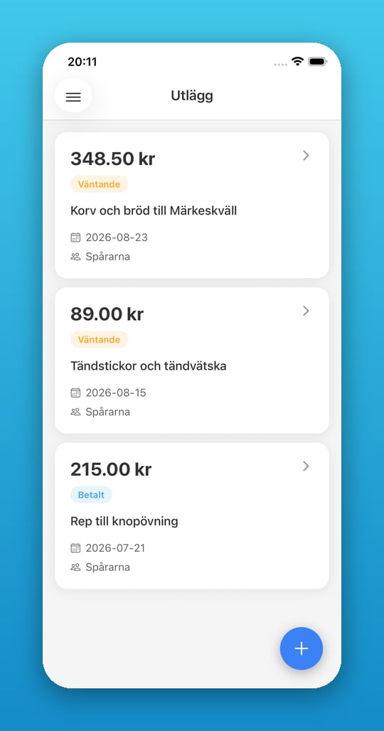 Lista över egna utlägg i appen med status Väntande och Betalt