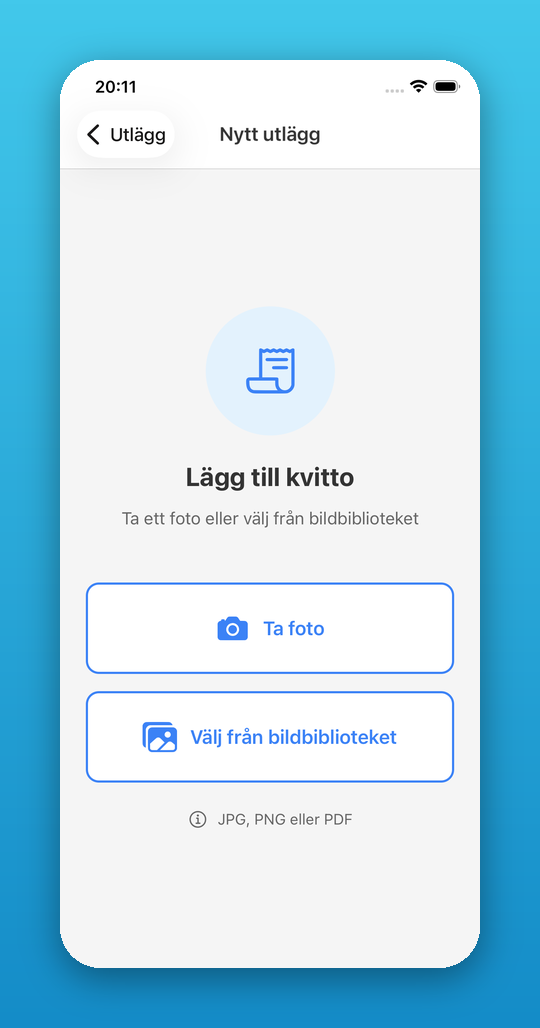 Nytt utlägg i appen med knapparna Ta foto och Välj från bildbiblioteket