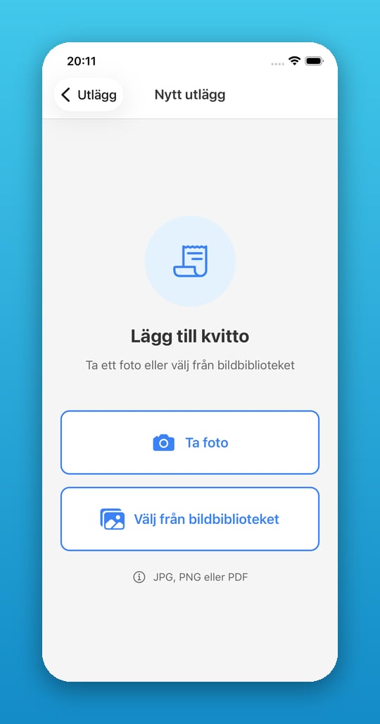 Nytt utlägg i appen med knapparna Ta foto och Välj från bildbiblioteket