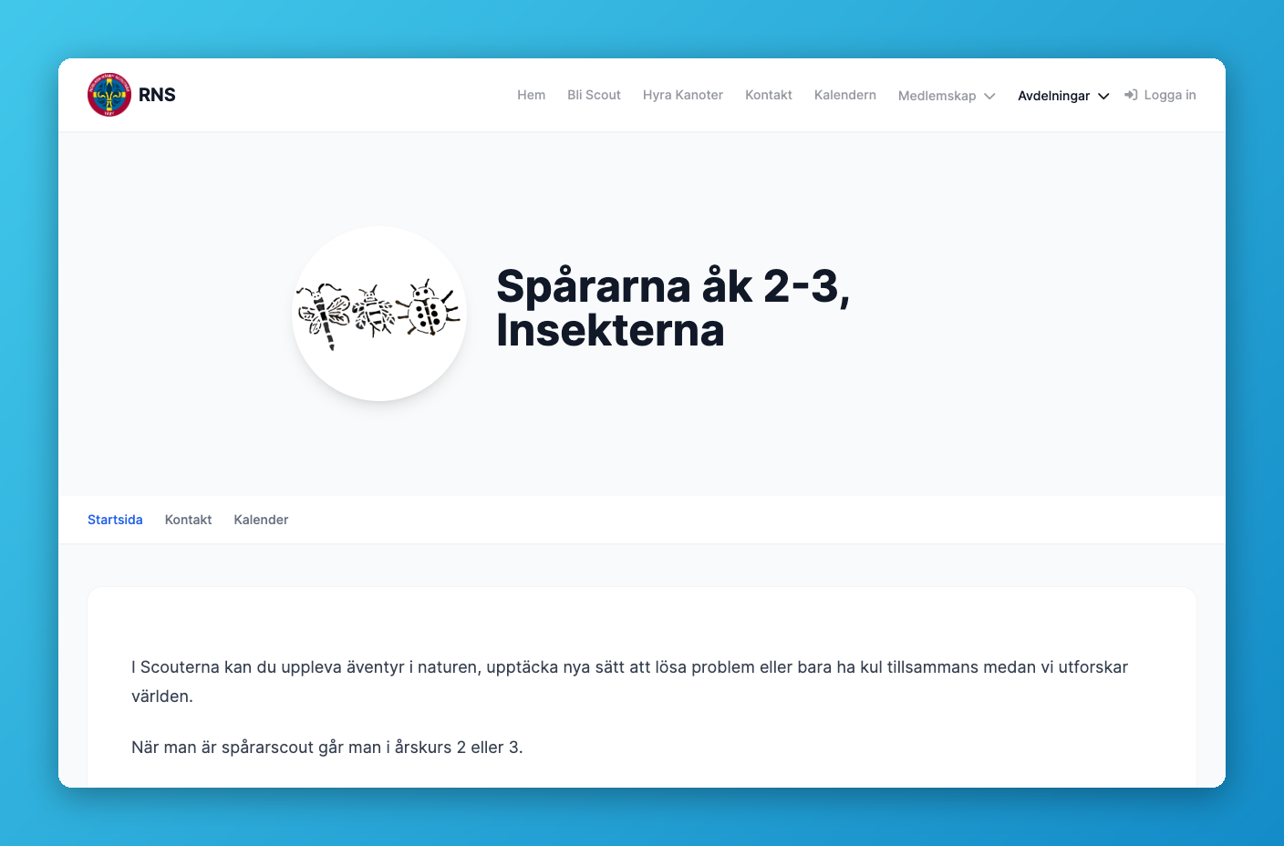 Publik avdelningssida med rubrik och beskrivning