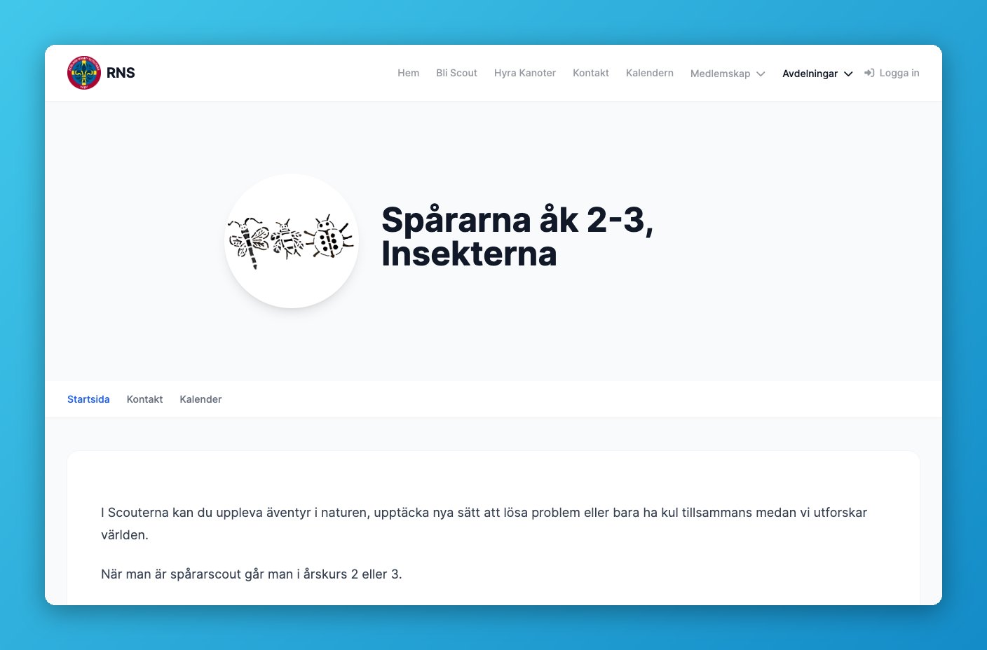 Publik avdelningssida med rubrik och beskrivning
